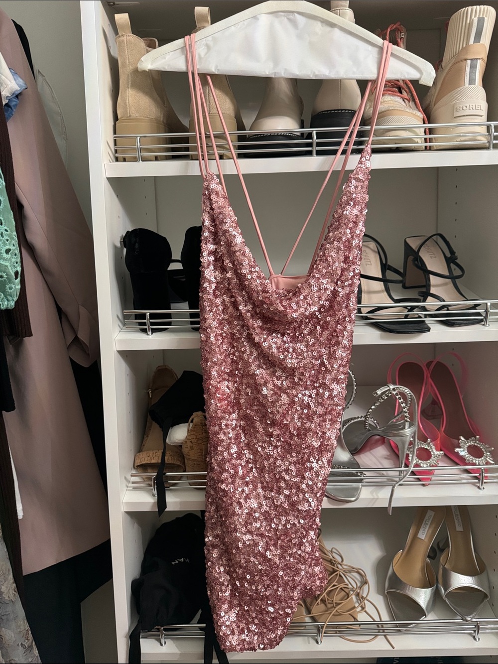 Rose Pink Sequin Cowl Mini Dress